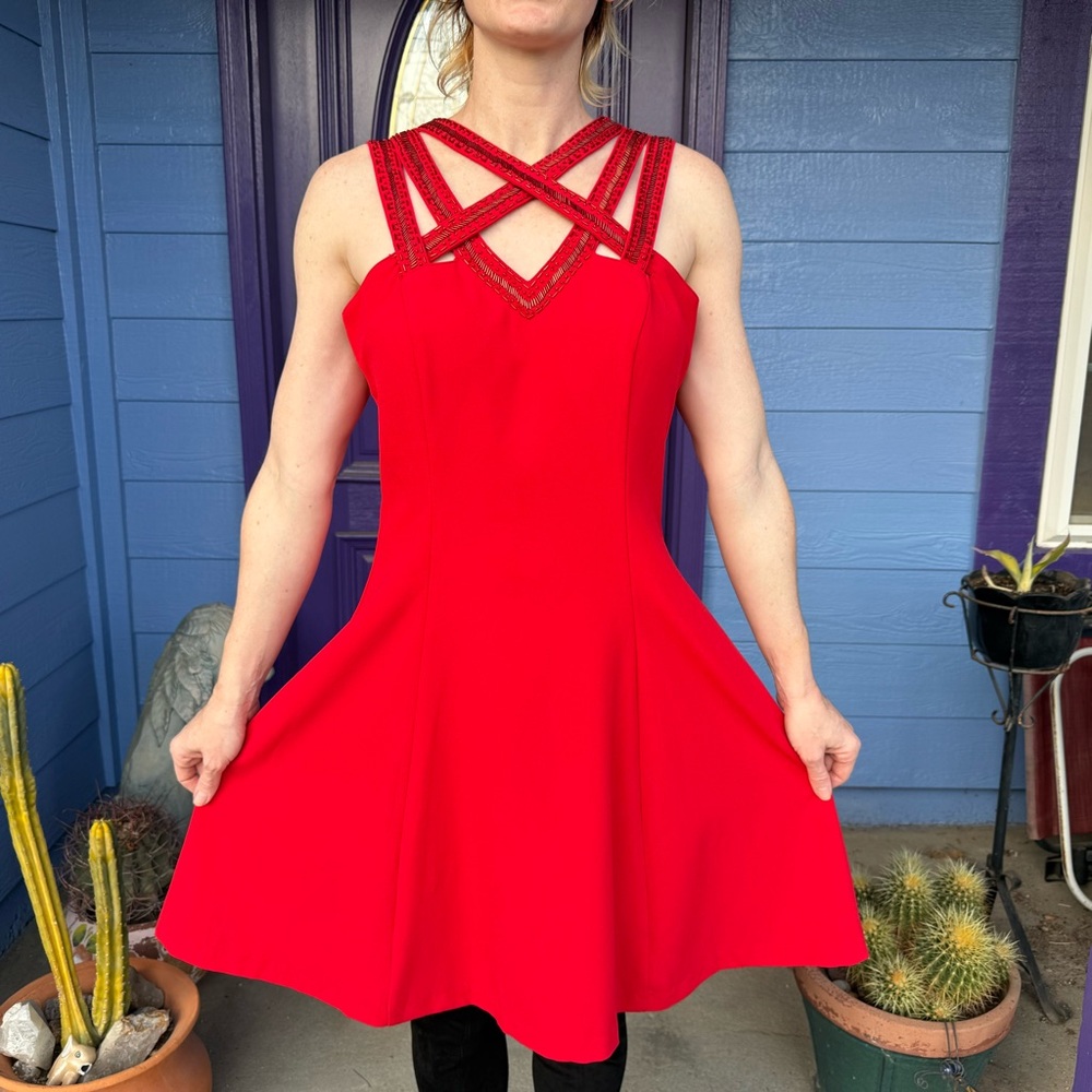A.drea Red Dress with Beaded Peekaboo Details
